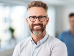 Portrait happy smiling man university professor teacher scientist education knowledge. Businessman in company office employee innovation business project successful entrepreneur CEO employer indoors