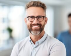 Portrait happy smiling man university professor teacher scientist education knowledge. Businessman in company office employee innovation business project successful entrepreneur CEO employer indoors