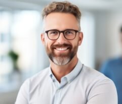 Portrait happy smiling man university professor teacher scientist education knowledge. Businessman in company office employee innovation business project successful entrepreneur CEO employer indoors